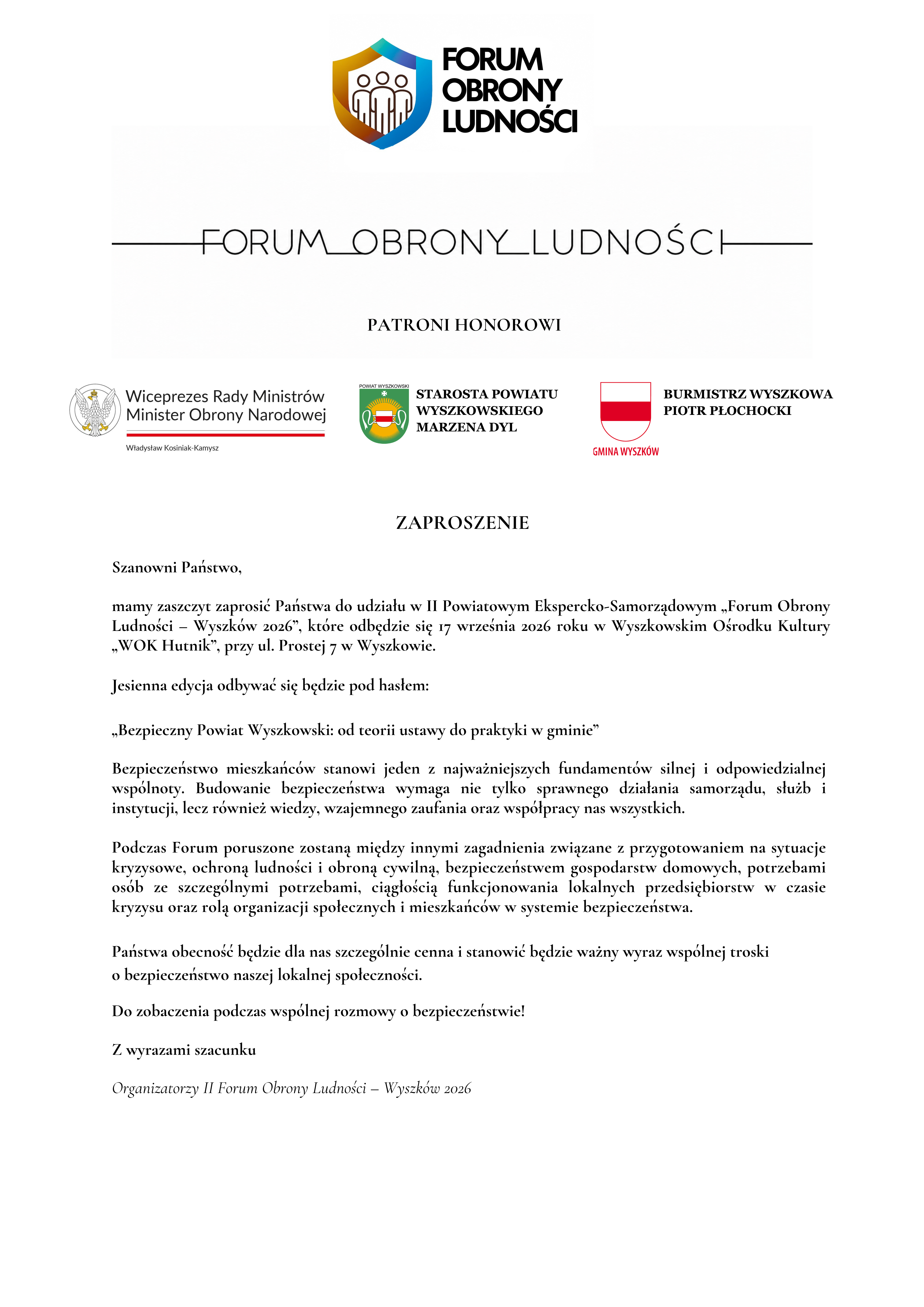 Oficjalne Zaproszenie na II Forum Obrony Ludności w Wyszkowie